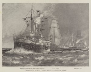 De problemen in Nicaragua, het squadron van admiraal Stephenson in Corinto (gravure) door English School