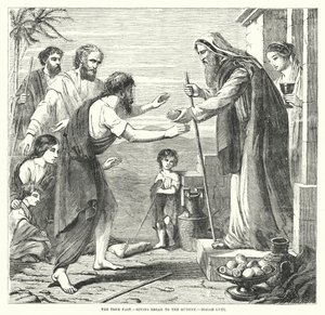 Het ware vasten, brood geven aan de hongerigen, Jesaja LVIII (gravure) door English School