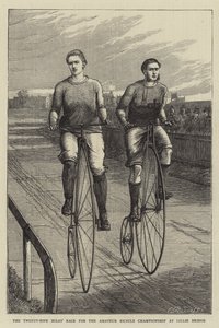 De vijfentwintig mijl race voor het amateurfiets kampioenschap in Lillie Bridge (gravure) door English School