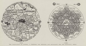 De eenwording van Londen, een voorstel voor het definiëren en gelijktrekken van de nieuwe gemeentelijke gebieden (gravure)