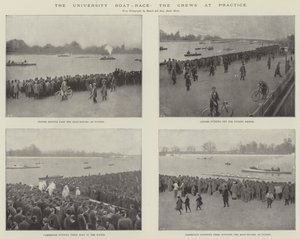 De universiteitsbootrace, de bemanningen aan het oefenen (gravure)