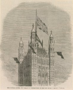 De Victoria Tower, nieuw Palace of Westminster, op de dag van Sir C Barnets begrafenis door English School