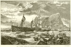 De Victory gesleept naar Gibraltar na de Slag bij Trafalgar