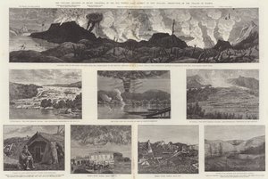 De vulkaanuitbarsting van Mount Tarawera, in het warmwaterbronnengebied van Nieuw-Zeeland, vernietiging van het dorp Wairoa door English School