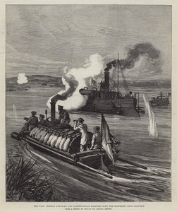 De oorlog, Russische kanonneerboot en torpedoboten vechten met de batterijen bij Silistria door English School