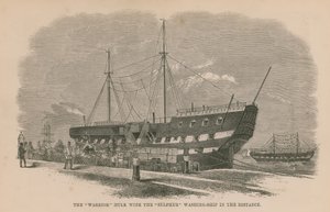 De Warrior hulk met het Sulphur wasschip in de verte