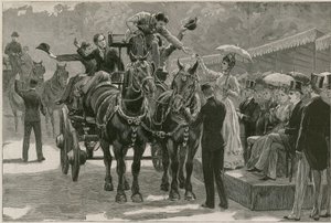 De Whit Monday carthorse parade in Regents Park; Prinses May presenteert de badges door English School