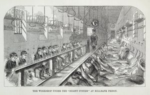 De Werkplaats onder het Stille Systeem in de Millbank Gevangenis, uit The Criminal Prisons of London and Scenes of Prison Life door Henry Mayhew (1812-87) en John Binny, 1862 door English School
