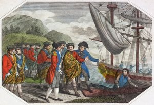 De jonge pretendent na zijn nederlaag bij Culloden die naar Frankrijk vertrekt (gekleurde gravure) door English School