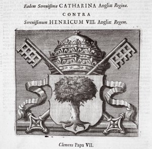 De wapens van paus Clemens VII, illustratie uit Handelingen en Monumenten van John Foxe, negende editie, uitgegeven 1684 door English School