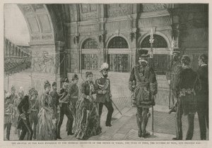 De aankomst bij de hoofdingang van het Imperial Institute van de Prins van Wales, de Hertog van York, de Hertogin van Teck en Prinses May door English School
