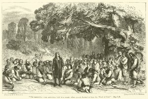 "De samenkomsten werden soms in een bos gehouden, waar menigten samenstroomden om het woord van God te horen" (gravure)