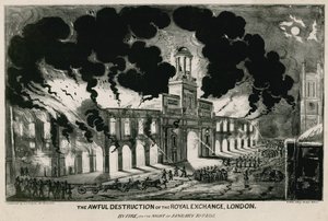 De verschrikkelijke vernietiging van de Royal Exchange, Londen, door brand in de nacht van 10 januari 1838