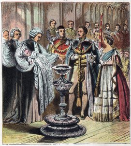 De doop van de Prins van Wales, die koning Edward VII (1841-1910) werd, in aanwezigheid van zijn ouders, koningin Victoria I (1819-1901) en prins Albert van Saksen Cobourg Gotha