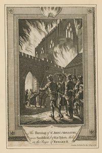 De brand van het St. Johns Klooster bij Smithfield door de menigte van Wat Tyler