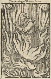 De verbranding van Thomas Benet (gravure) door English School