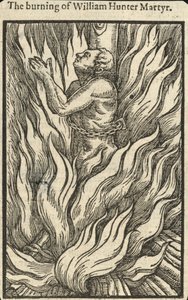 De verbranding van William Hunter, martelaar (gravure) door English School