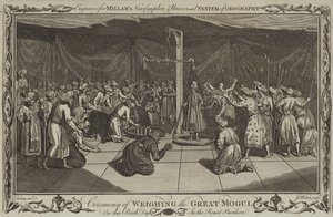 De ceremonie van het wegen van de Grote Mogol op zijn verjaardag door English School