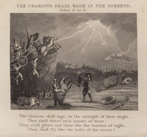 De wagens zullen razen in de straten, Nahum II, vers 4