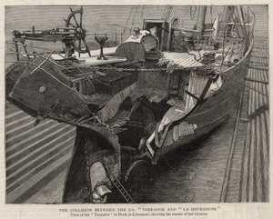 De botsing tussen de SS Toreador en La Bourgogne; uitzicht op de Toreador in dok in Liverpool