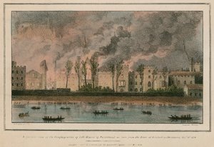 De brand van beide Huizen van het Parlement zoals gezien vanaf de rivier om 8 uur 