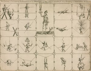 De curieuze en ongewone voorstelling van een aap zoals elke avond geïntroduceerd bij Sadlers Wells door Signor Spinacuta door English School