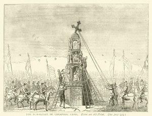 De sloop van Cheapside Cross, van een oude prent