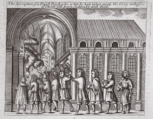 De beschrijving van een pauselijke priester die, toen hij de glorie en het ambt van Christus had weggenomen, plotseling neerviel en stierf, illustratie uit Handelingen en Monumenten van John Foxe, negende editie, uitgegeven 1684