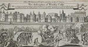 De beschrijving van Windsor Castle, illustratie uit Handelingen en Monumenten van John Foxe, negende editie, uitgegeven 1684 door English School