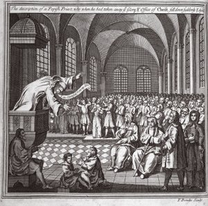 De beschrijving van een pauselijke priester, die toen hij de glorie en het ambt van Christus had weggenomen, plotseling neerviel en stierf, illustratie uit Foxes Martelaren ca. 1703 door English School