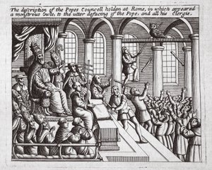 De beschrijving van het concilie van de paus gehouden in Rome, waarin een monsterlijke uil verscheen, tot de volledige vernietiging van de paus en al zijn geestelijkheid, illustratie uit Handelingen en Monumenten van John Foxe, negende editie door English School