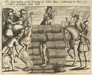 De beschrijving van de verbranding van Johannes Hus, in strijd met de hem toegekende vrijgeleide (gravure)