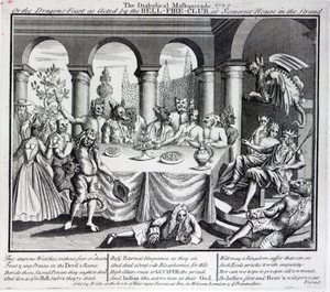 Het duivelse masker, of het drakenfeest zoals uitgevoerd door de Hell-Fire-Club, in Somerset House in de Strand, c.1721 door English School