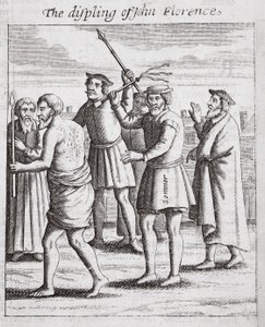 De bestraffing van John Florence, illustratie uit Handelingen en Monumenten van John Foxe, negende editie, uitgegeven 1684