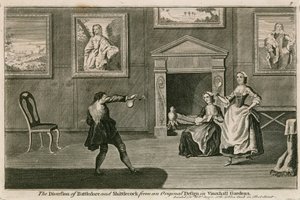 Het spel van Battledore en Shittlecock naar het originele ontwerp in Vauxhall Gardens, Londen door English School