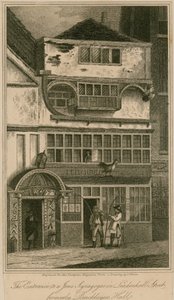 De ingang van een Joodse Synagoge in Leadenhall Street, Londen, voorheen Bricklayers Hall door English School