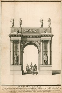 De entree van de kampioen, vergezeld door de Lord High Constable en de Earl Marshal, door de triomfboog