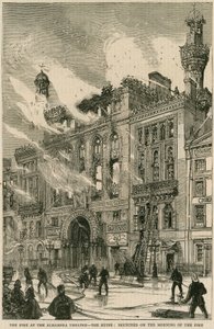 De brand in het Alhambra Theatre - de ruïnes, geschetst op de ochtend van de brand, 7 december 1882 door English School