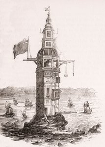 De eerste vuurtoren gebouwd op Eddystone Rocks, Plymouth, Devon, Engeland door English School
