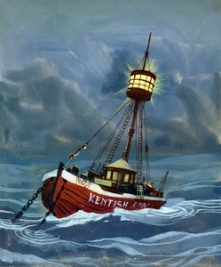 Het eerste lichtschip geplaatst nabij de Nore zandbank in 1732 door English School