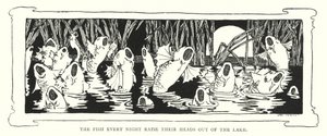 De vissen steken elke nacht hun hoofden uit het meer (gravure) door English School