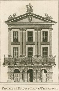 De voorkant van het Drury Lane Theatre, Londen door English School