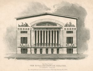 Het vooraanzicht van het Royal Brunswick Theater, Goodmans Fields, Londen