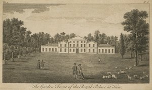 De tuinzijde van het Koninklijk Paleis in Kew, Londen door English School