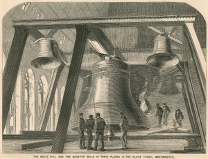 De grote klok en de kwartklokken op hun plaats in de klokkentoren, Westminster door English School