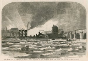 De grote brand bij Bankside op vrijdagavond, 14 februari 1855, geschetst vanaf de noordelijke oever van de Theems door English School