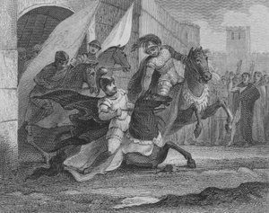 Het paard van Alboin, Koning van de Longobarden, valt terwijl hij de stad Pavia binnengaat, 572