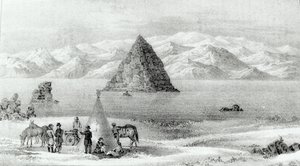 De houwitser bij Pyramid Lake in januari 1844, uit Verslag van de Verkenningsexpeditie naar de Rocky Mountains in 1842 en naar Oregon en Noord-Carolina in 1843-44 door John C. Fremont, gepubliceerd 1845