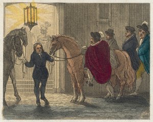 De nederige situatie van Shakespeare (gekleurde gravure) door English School