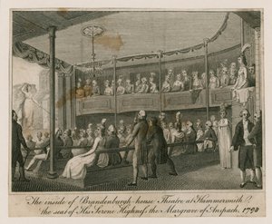 Het interieur van het Brandenburgh House Theatre in Hammersmith door English School